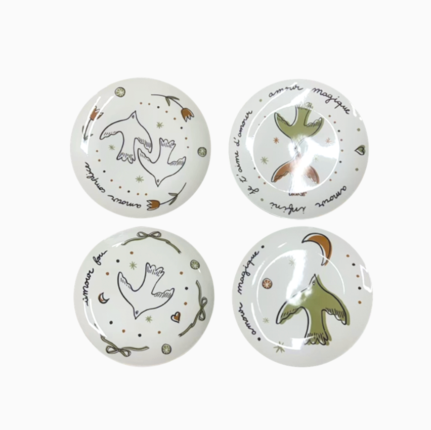 Set de 4 assiettes dessert amour oiseaux doré D19cm