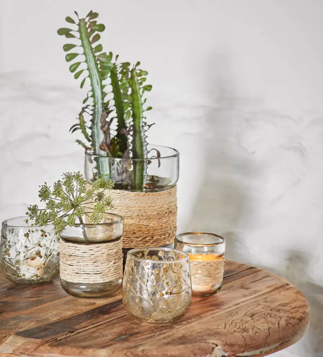Glass votive w/ leaves