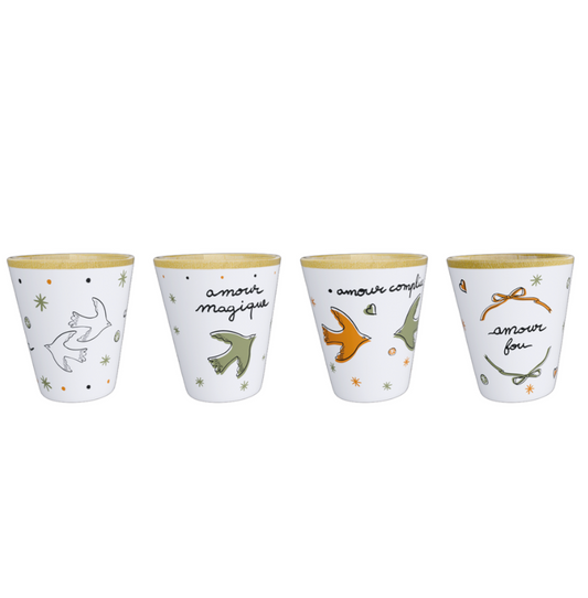 Set de 4 gobelets amour oiseaux doré D6,3 H7,2cm
