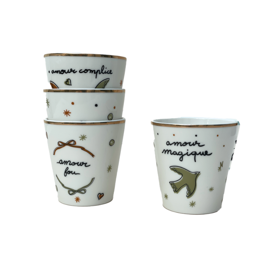 Set de 4 gobelets amour oiseaux doré D6,3 H7,2cm