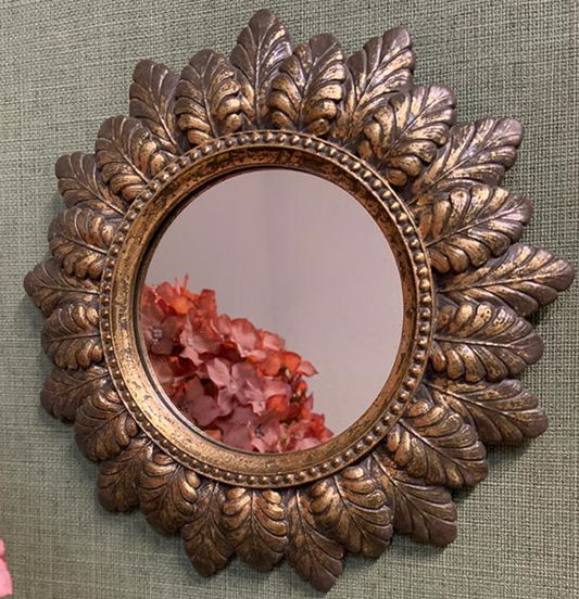 Miroir plumes rond doré patiné 18.6cm