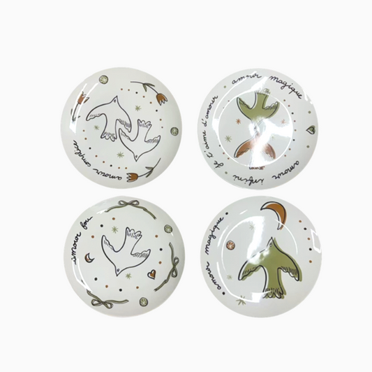 Set de 4 assiettes dessert amour oiseaux doré D19cm