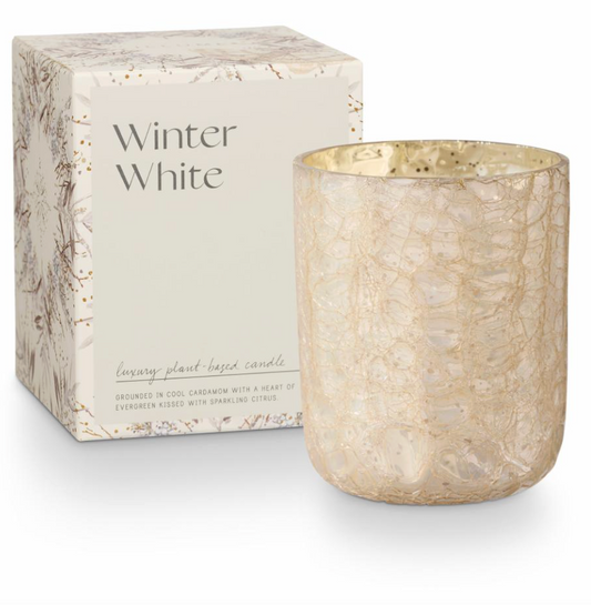 Winter White Crackle Verre Bougie, Blanc,