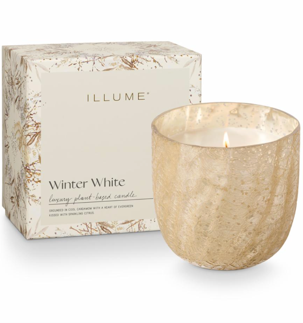 Winter White Crackle Verre Bougie, Blanc,