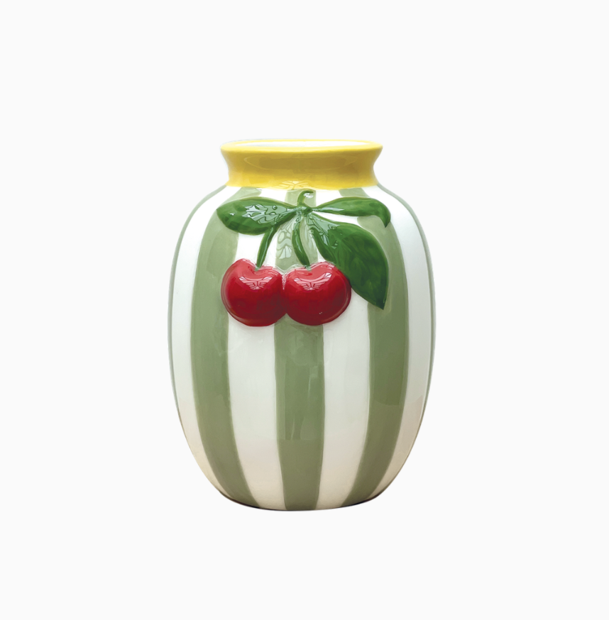 Vase cerise rayure vert L12,8 P11,9 H15,6cm