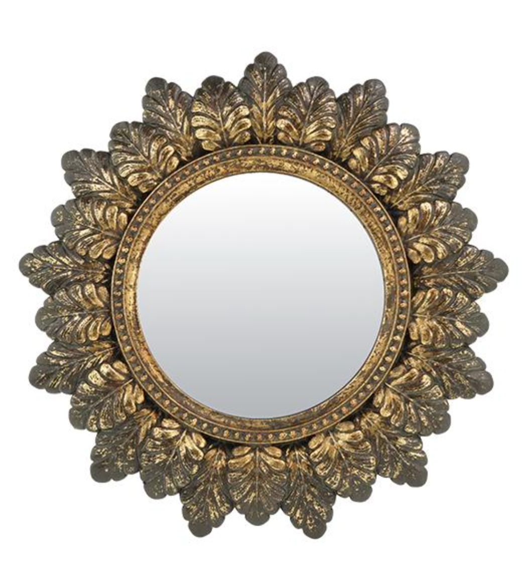 Miroir plumes rond doré patiné 18.6cm