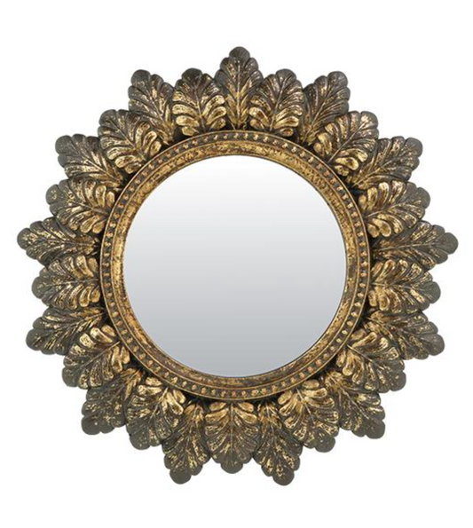 Miroir plumes rond doré patiné 18.6cm