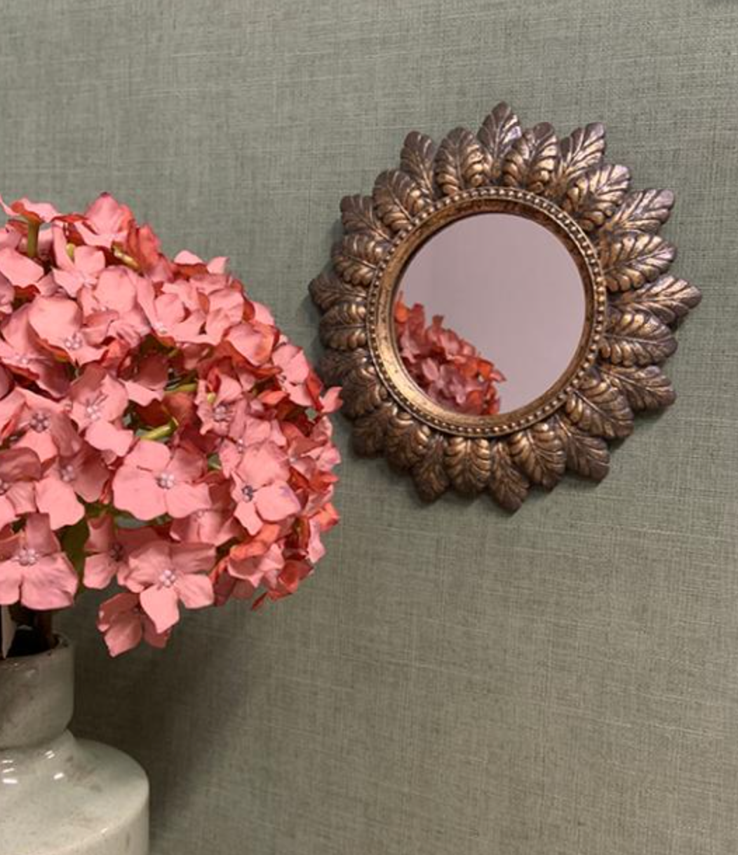 Miroir plumes rond doré patiné 18.6cm