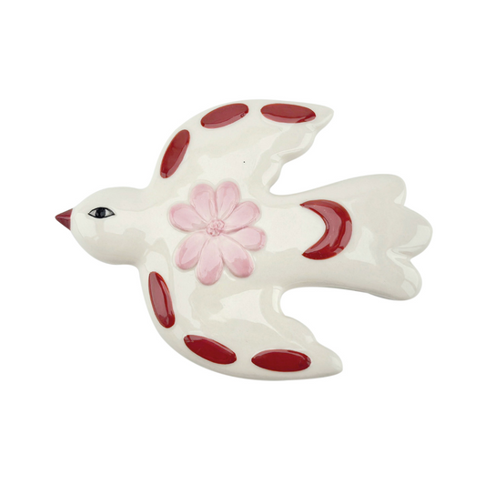 Déco murale oiseau mm fleur rose L14 P10,6 H1,7cm