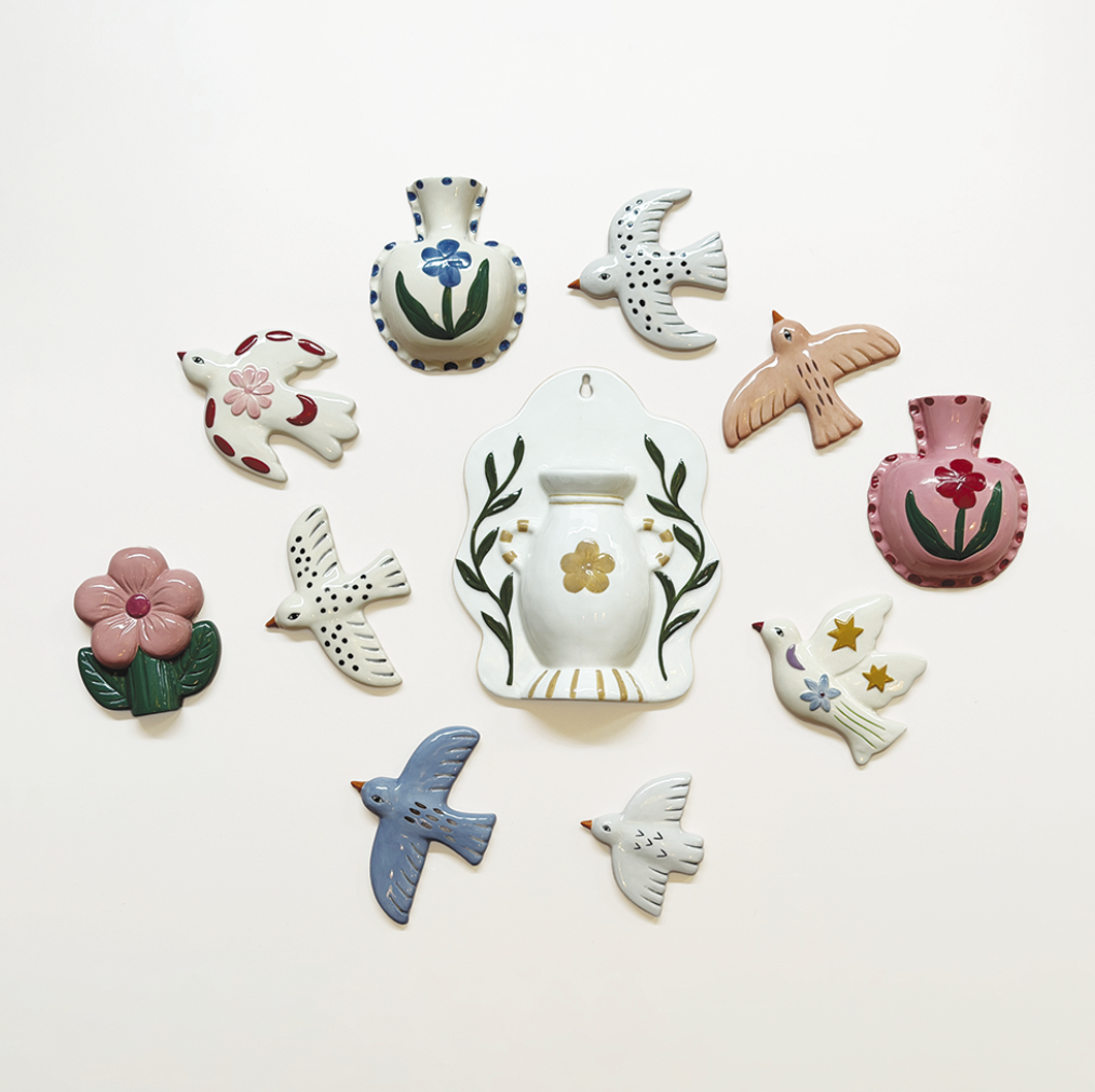 Déco murale oiseau mm fleur rose L14 P10,6 H1,7cm